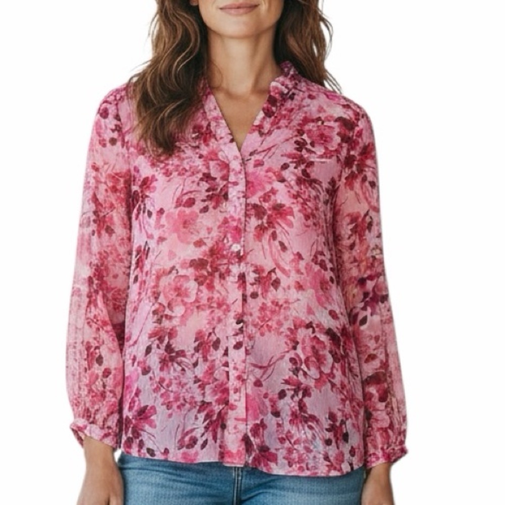 Kut from the Kloth Pink Floral Sheer Button-Up Blouse Long Sleeve V-Neck XS